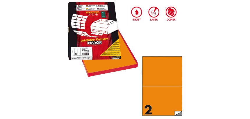 Etichette adesive C/509 - in carta - permanenti - 210 x 148,5 mm - 2 et/fg - 100 fogli - arancio fluo - Markin