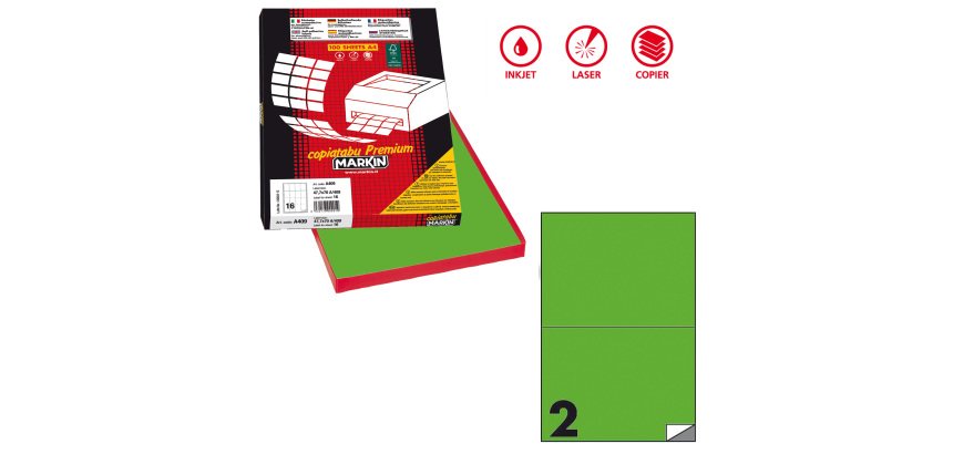 Etichette adesive C/509 - in carta - permanenti - 210 x 148,5 mm - 2 et/fg - 100 fogli - verde fluo - Markin