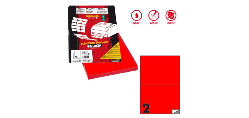 Etichette adesive C/509 - in carta - permanenti - 210 x 148,5 mm - 2 et/fg - 100 fogli - rosso fluo - Markin