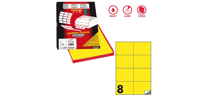 Etichette adesive C/512 - in carta - permanenti - 105 x 74,25 mm - 8 et/fg - 100 fogli - giallo fluo - Markin
