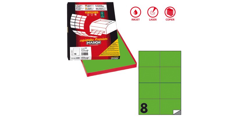 Etichette adesive C/512 - in carta - permanenti - 105 x 74,25 mm - 8 et/fg - 100 fogli - verde fluo - Markin