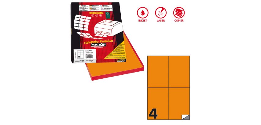 Etichette adesive C/519 - in carta - permanenti - 105 x 148,5 mm - 4 et/fg - 100 fogli - arancio fluo - Markin