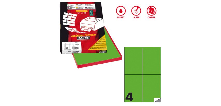 Etichette adesive C/519 - in carta - permanenti - 105 x 148,5 mm - 4 et/fg - 100 fogli - verde fluo - Markin
