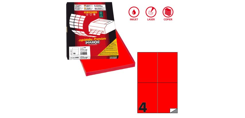 Etichette adesive C/519 - in carta - permanenti - 105 x 148,5 mm - 4 et/fg - 100 fogli - rosso fluo - Markin