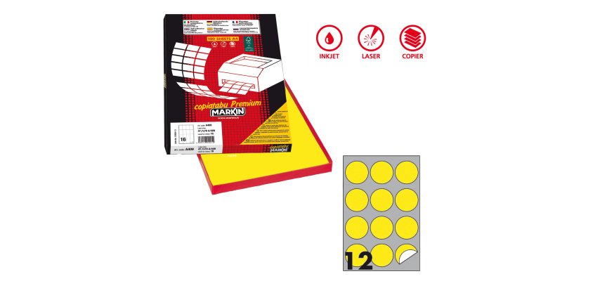 Etichette adesive R/310 - in carta - permanenti - tonde - diametro 60 mm - 12 et/fg - 100 fogli - giallo fluo - Markin