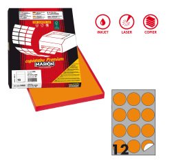 Etichette adesive tonde R/310 - in carta - permanenti - diametro 60 mm - 12 et/fg - 100 fogli - arancio fluo - Markin