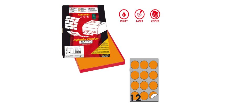 Etichette adesive R/310 - in carta - permanenti - tonde - diametro 60 mm - 12 et/fg - 100 fogli - arancio fluo - Markin