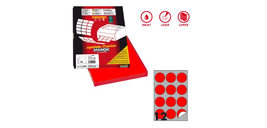 Etichette adesive R/310 - in carta - permanenti - tonde - diametro 60 mm - 12 et/fg - 100 fogli - rosso fluo - Markin