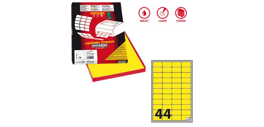 Etichette adesive A/406 - in carta - permanenti - 47,5 x 25,5 mm - 44 et/fg - 100 fogli - giallo fluo - angoli tondi - Markin