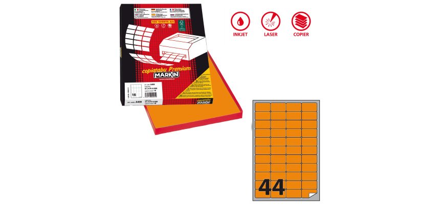 Etichette adesive A/406 - in carta - permanenti - 47,5 x 25,5 mm - 44 et/fg - 100 fogli - arancio fluo - angoli tondi - Markin