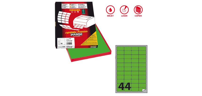 Etichette adesive A/406 - in carta - permanenti - 47,5 x 25,5 mm - 44 et/fg - 100 fogli - verde fluo - angoli tondi - Markin