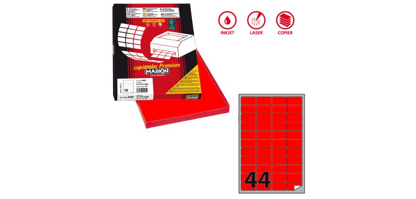 Etichette adesive A/406 - in carta - permanenti - 47,5 x 25,5 mm - 44 et/fg - 100 fogli - rosso fluo - angoli tondi - Markin
