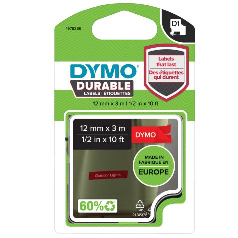 Nastro D1 Durable 1978366 - 12 mm x 3 mt - bianco/rosso - Dymo