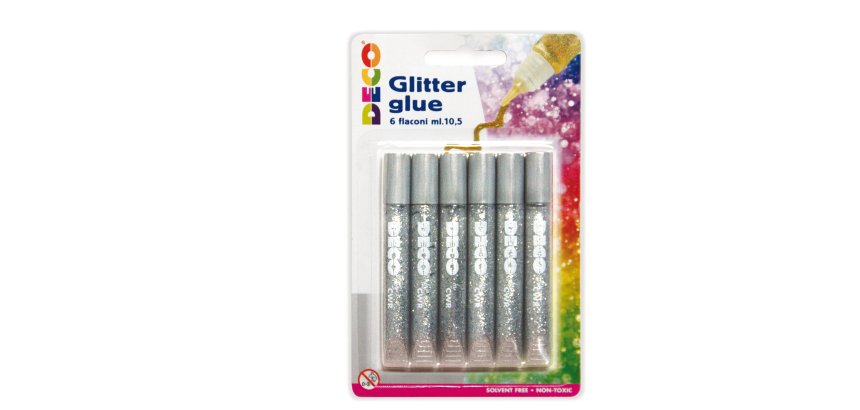 Blister colla glitter - 10,5 ml - argento - Deco - conf. 6 pezzi