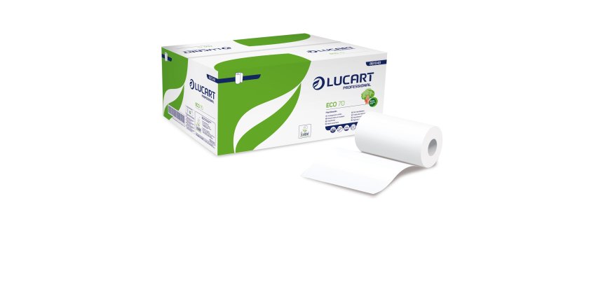 Asciugamani in rotolo Eco 70 - Mini - 228  mm x 70 mt - diametro 13 cm - 2 veli - 18,5 gr - 190 strapppi - goffratura micro+ - bianc o - Lucart