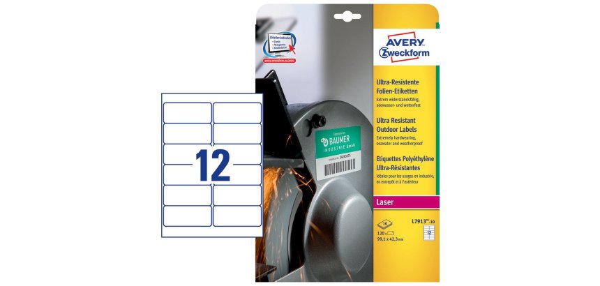 AVERY Etichette ultra resistenti in polietilene bianco 99,1 x 42,3mm, 12 etichette per foglio, adesivo permanente, laser, 10 fogli