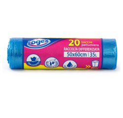 Sacchi per immondizia - 50x60 cm - 35 L - 9 micron - azzurro trasparente - Logex Professional - rotolo da 20 sacchetti