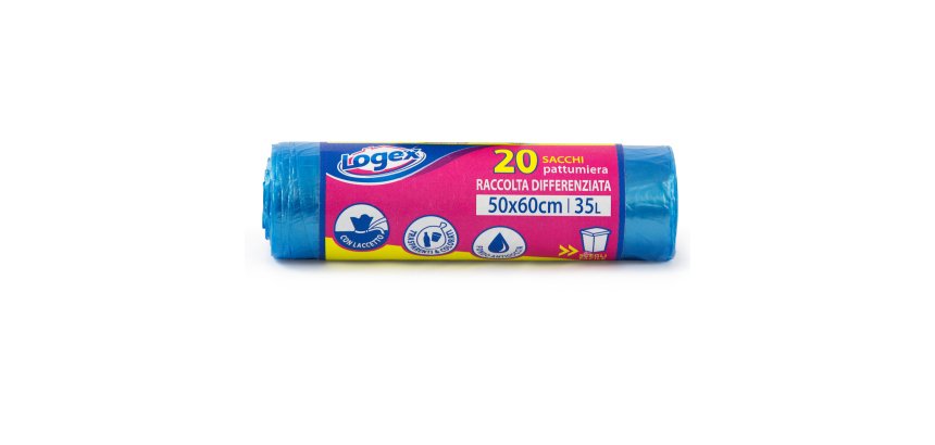 Sacchi per immondizia - 50x60 cm - 35 L - 9 micron - azzurro trasparente - Logex Professional - rotolo da 20 sacchetti