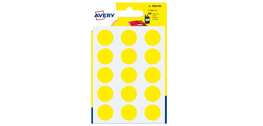 Etichette adesive tonde PSA - in carta - permanenti - diametro 19 mm - 15 et/fg - 6 fogli - giallo - Avery