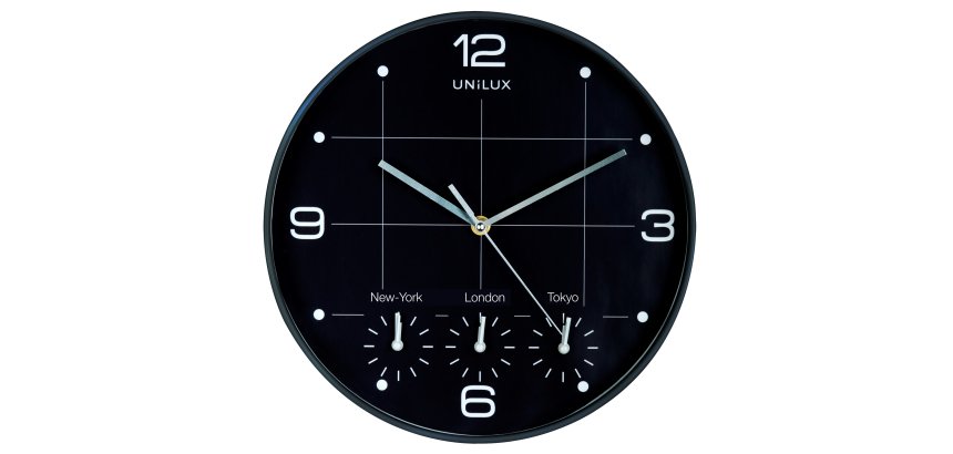 Orologio da parete On Time - 4 fusi orari - diametro 30 cm - nero - Unilux