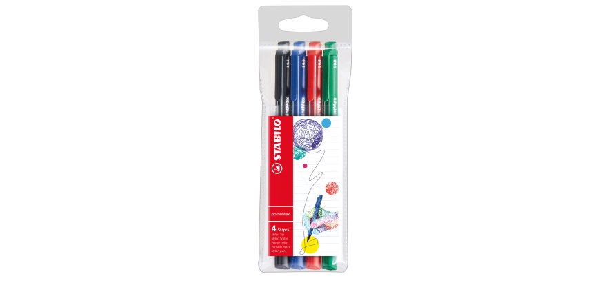 Pennarello PointMax punta feltro - punta 0,80mm - Stabilo - astuccio 4 colori: blu, nero, rosso, verde