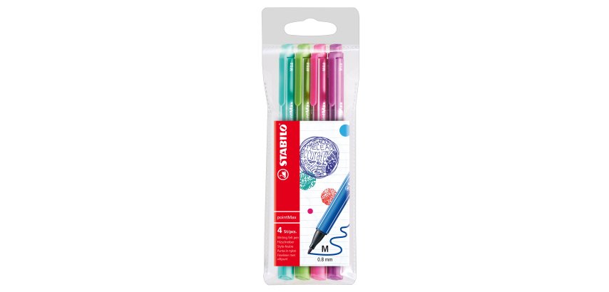 Pennarello PointMax punta feltro - punta 0,80mm - Stabilo - astuccio 4 colori: azzurro,verde,rosa,viola