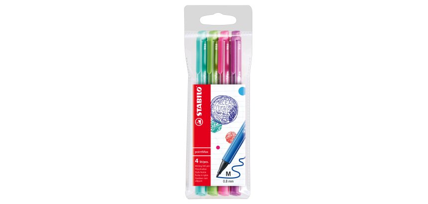 Pennarello PointMax punta feltro - punta 0,80mm - Stabilo - astuccio 4 colori: azzurro,verde,rosa,viola