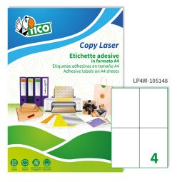 TICO Etichette adesive in carta bianca 105x148mm, 4 etichette per foglio A4, adesivo permanente, laser/inkjet, 100 fogli