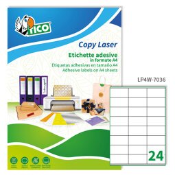 TICO Etichette adesive in carta bianca 70x36mm, 24 etichette per foglio A4, adesivo permanente, laser/inkjet, 100 fogli