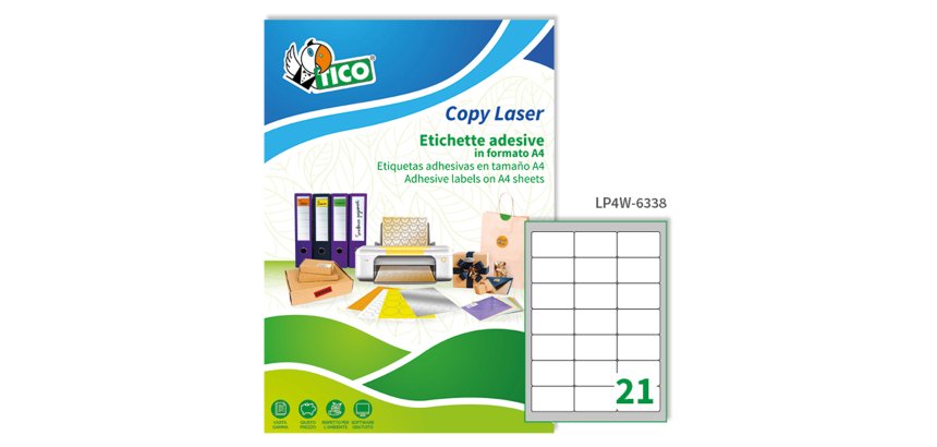 TICO Etichette adesive in carta bianca 63,5x38,1mm, 21 etichette per foglio A4, adesivo permanente, laser/inkjet, 100 fogli