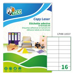 TICO Etichette adesive in carta bianca 105x37mm, 16 etichette per foglio A4, adesivo permanente, laser/inkjet, 100 fogli