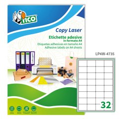TICO Etichette adesive in carta bianca 47,5x35mm, 32 etichette per foglio A4, adesivo permanente, laser/inkjet, 100 fogli