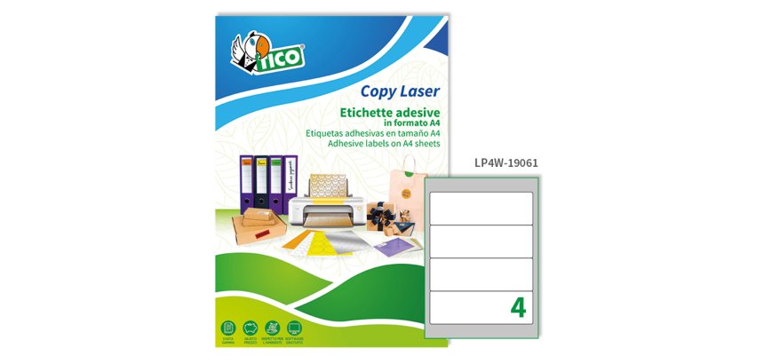 TICO Etichette adesive in carta bianca 190x61mm, 4 etichette per foglio A4, adesivo permanente, laser/inkjet, 100 fogli