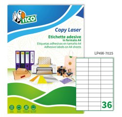 TICO Etichette adesive in carta bianca 70x25mm, 36 etichette per foglio A4, adesivo permanente, laser/inkjet, 100 fogli