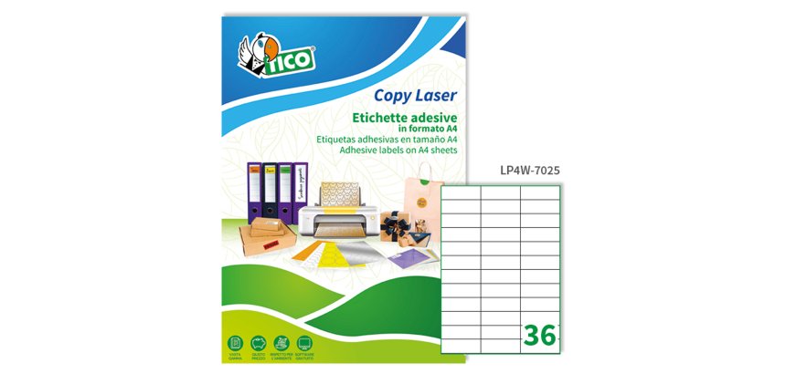 TICO Etichette adesive in carta bianca 70x25mm, 36 etichette per foglio A4, adesivo permanente, laser/inkjet, 100 fogli
