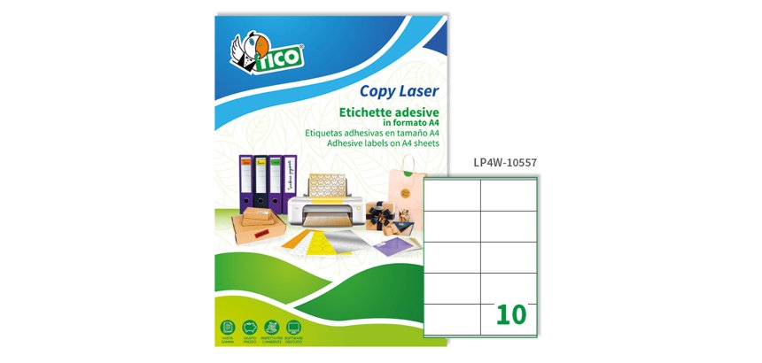 TICO Etichette adesive in carta bianca 105x57mm, 10 etichette per foglio A4, adesivo permanente, laser/inkjet, 100 fogli