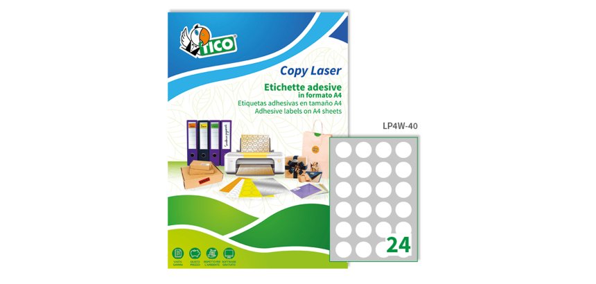 TICO Etichette adesive in carta bianca d. 40mm, 24 etichette per foglio A4, adesivo permanente, laser/inkjet, 100 fogli