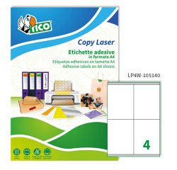 TICO Etichette adesive in carta bianca 105x140mm, 4 etichette per foglio A4, adesivo permanente, laser/inkjet, 100 fogli