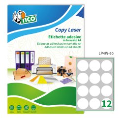 TICO Etichette adesive in carta bianca d. 60mm, 12 etichette per foglio A4, adesivo permanente, laser/inkjet, 100 fogli