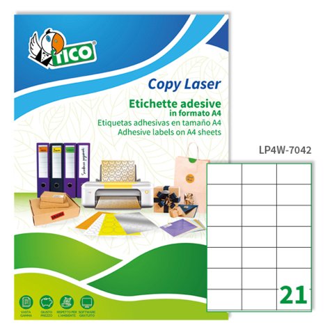 TICO Etichette adesive in carta bianca 70x42,3mm, 21 etichette per foglio A4, adesivo permanente, laser/inkjet, 100 fogli