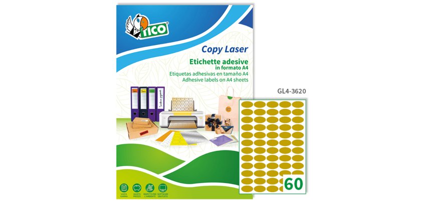 TICO Etichette adesive in carta oro 36x20mm, ovali, 60 etichette per foglio, adesivo permanente, laser / offset / serigrafica / tipografica, 100 fogli