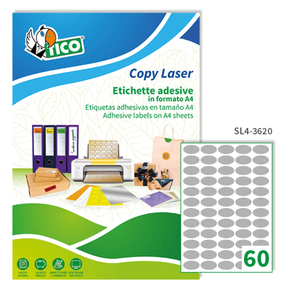 TICO Etichette adesive in carta argento 36x20mm, 60 etich per foglio,  adesivo permanente, laser / offset / serigrafica / tipografica, 100 fogli  su