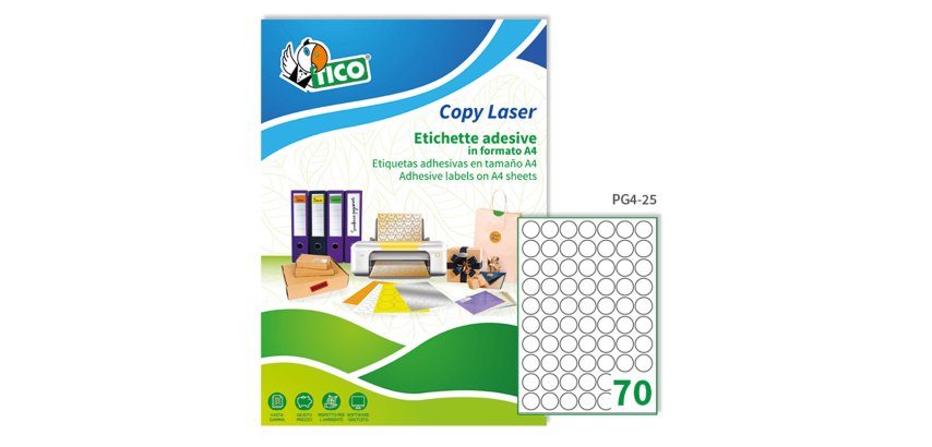 TICO Etichette adesive in carta bianca lucida d. 25mm, 70 etichette per foglio , adesivo permanente, laser, 100 fogli