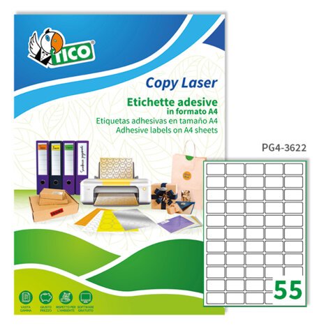 TICO Etichette adesive in carta bianca lucida 36x22mm, 55 etichette per foglio, adesivo permanente, laser, 100 fogli