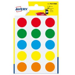 AVERY Bollini adesivi colorati in bustina Ø19mm, colori assortiti, permanenti, scrivibili a mano, 6 fogli