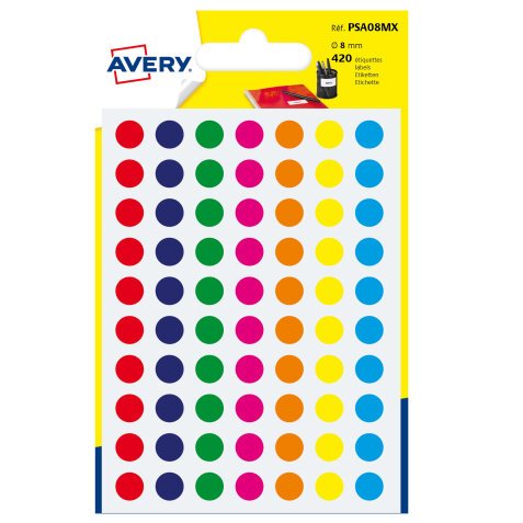 AVERY Bollini adesivi colorati in bustina Ø8mm, colori assortiti, permanenti, scrivibili a mano, 6 fogli