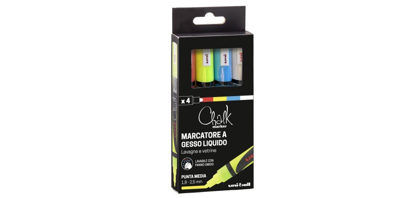 Marcatore a gesso liquido Uni Chalk Marker - punta tonda 1,80 - 2,50 mm - Uni Mitsubishi - busta 4 pezzi