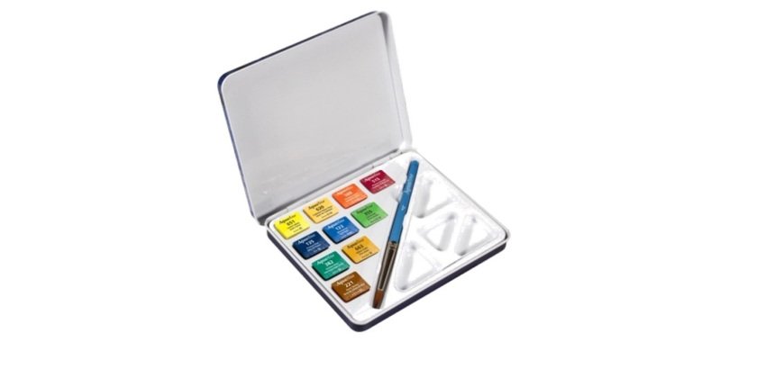 Acquerelli Aquafine - colori assortiti - Daler Rowney - scatola metallo 10 acquerelli + pennello + tavolozza