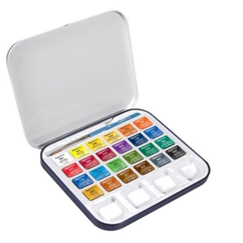 Acquerelli Aquafine - colori assortiti - Daler Rowney -  scatola metallo 24 acquerelli + pennello + tavolozza