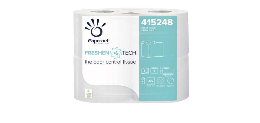Carta igienica classica Freshen Tech - 3 veli - 230 strappi - diametro 12,2 cm -15,5 gr - 9,5 cm x 25,3 mt - Papernet - pacco 4 rotoli